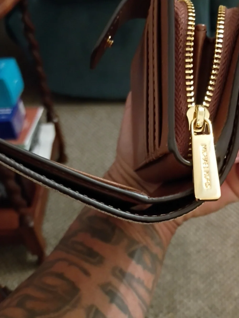 Michael Kors Tan Leather Zip Wallet with Gold Hardware